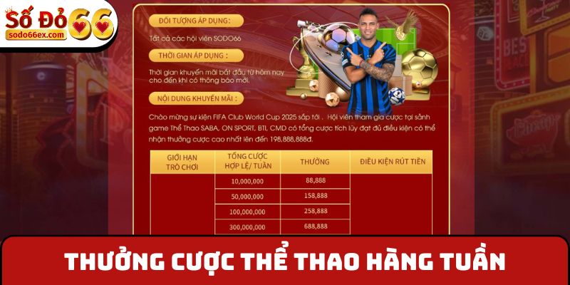 Thưởng Cược Thể Thao Hàng Tuần - Nhận Liên Tay 198,888K 1 Thưởng cược thể thao hàng tuần